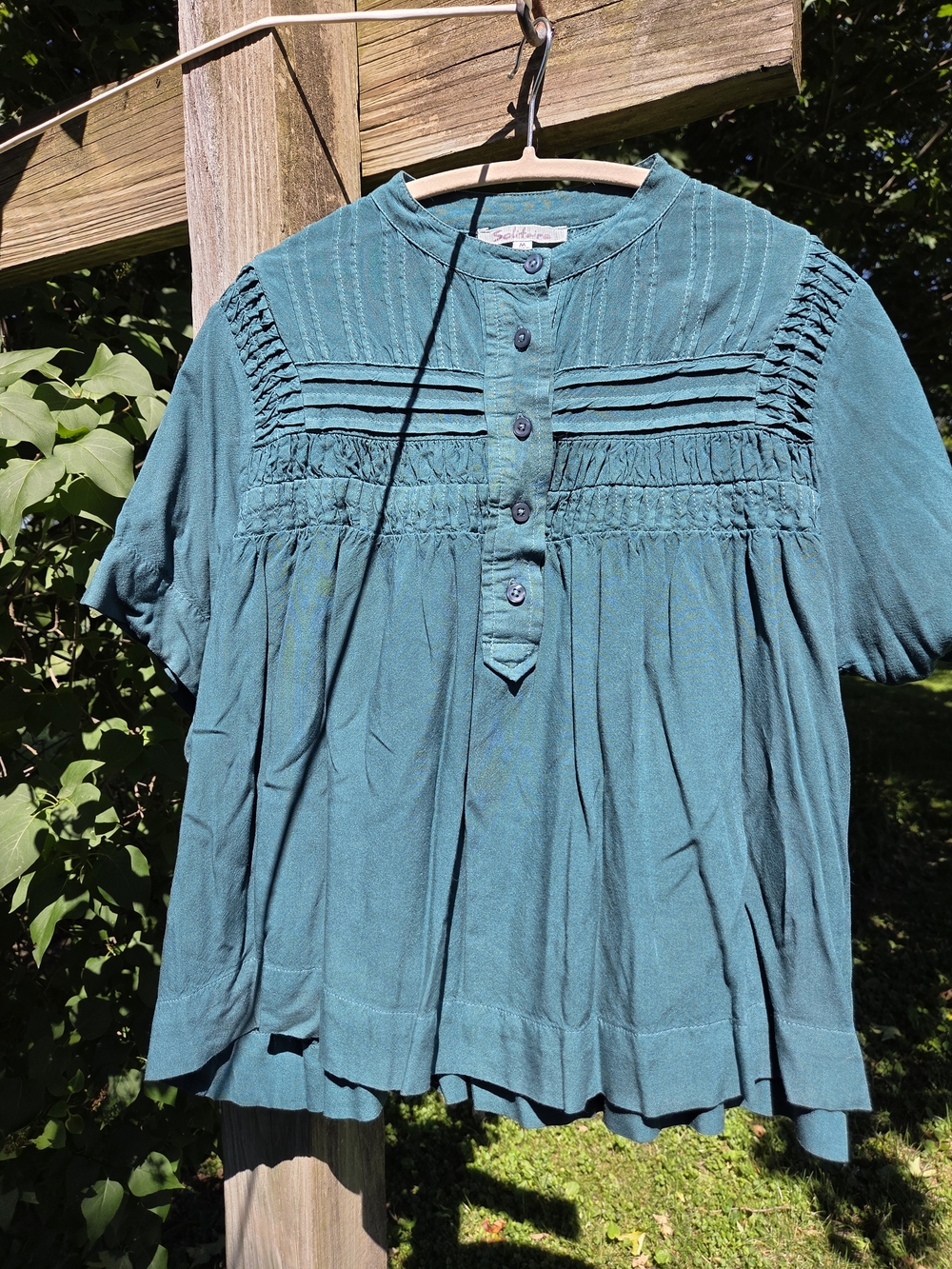 Smocked Pintuck Short-Sleeve Blouse in Teal